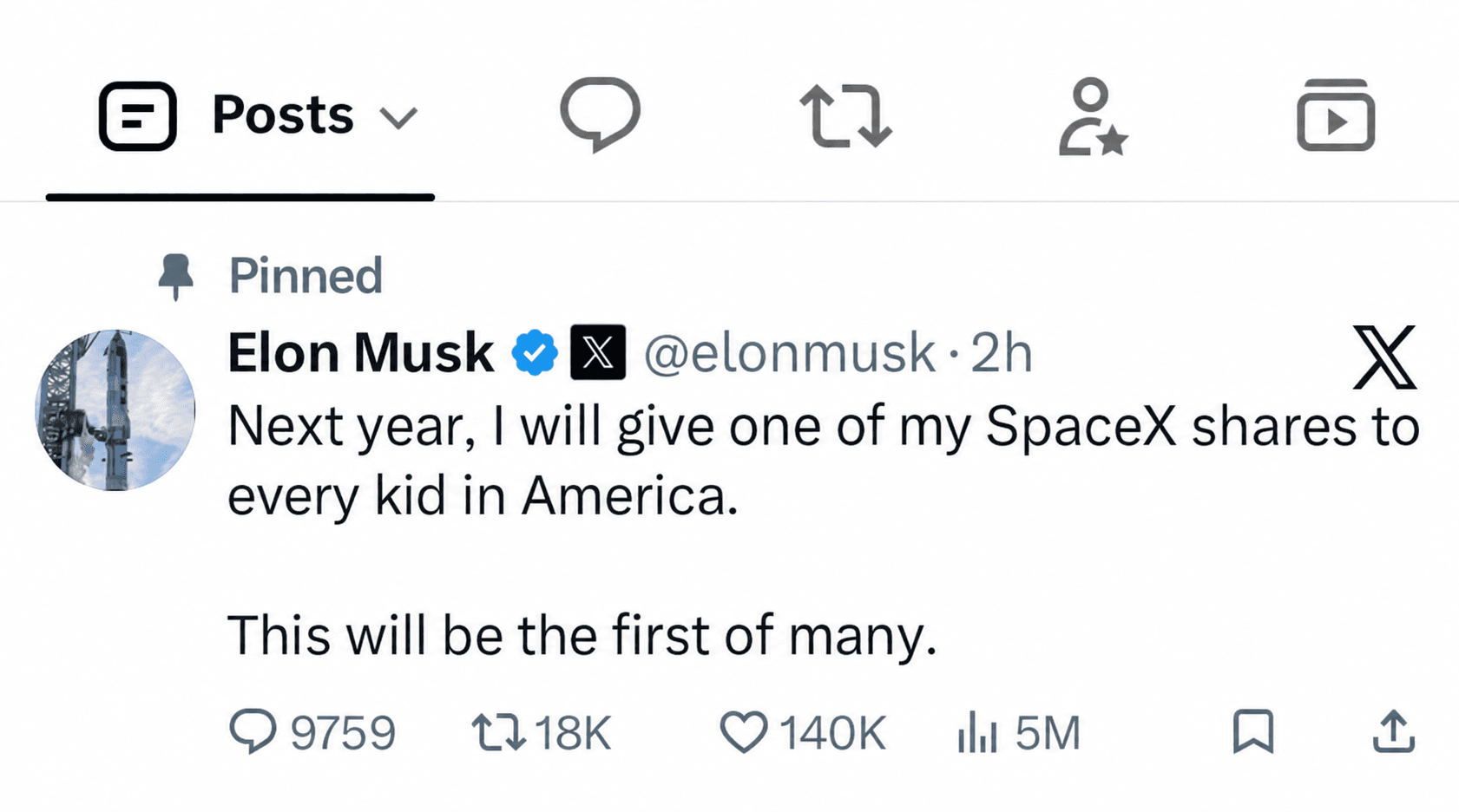 马斯克称将“给美国每个孩子一股SpaceX股票”:帖子说了什么,还有哪些仍不明确