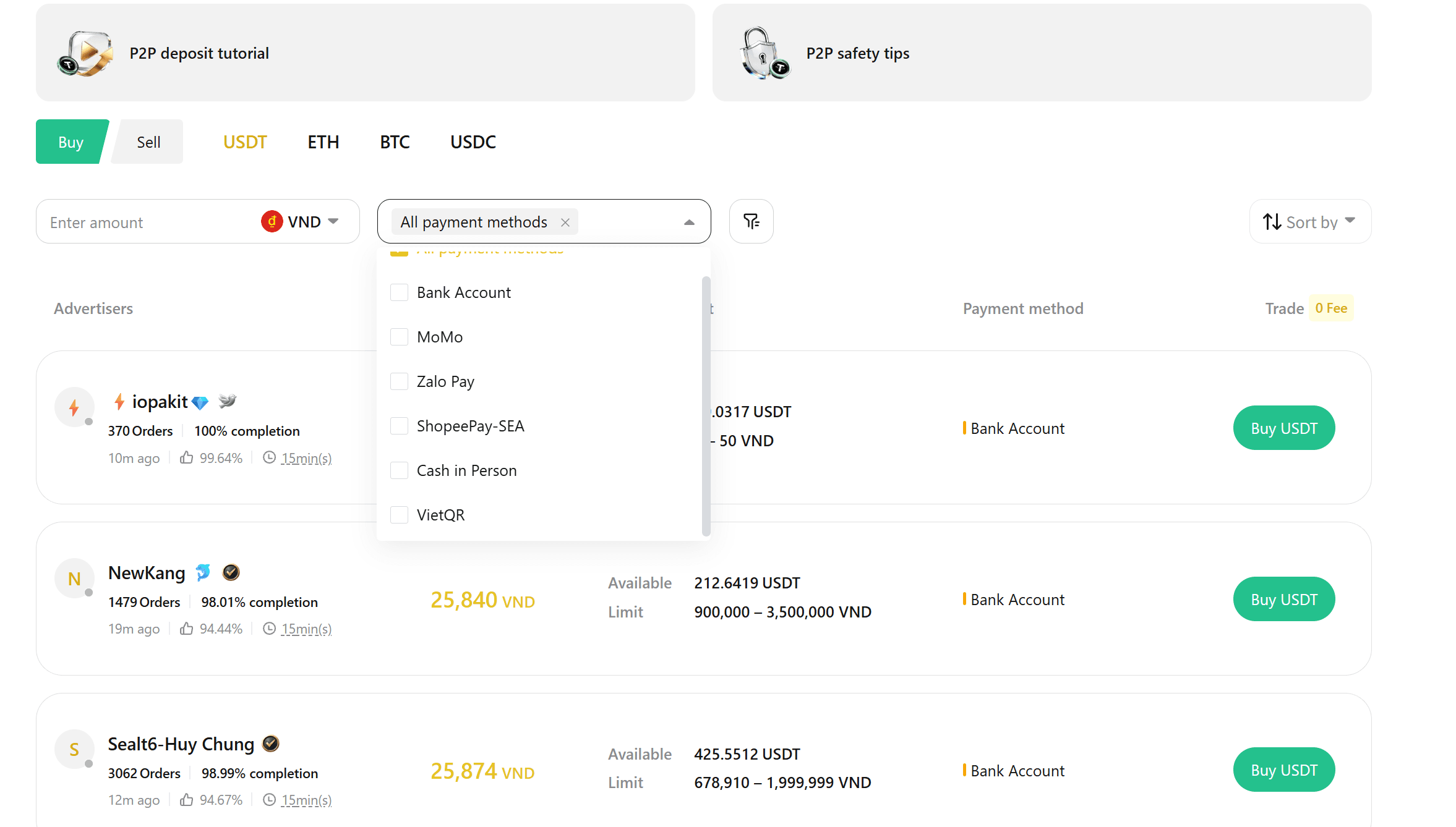 在 WEEX P2P 上选择 MoMo 或银行账户作为支付方式